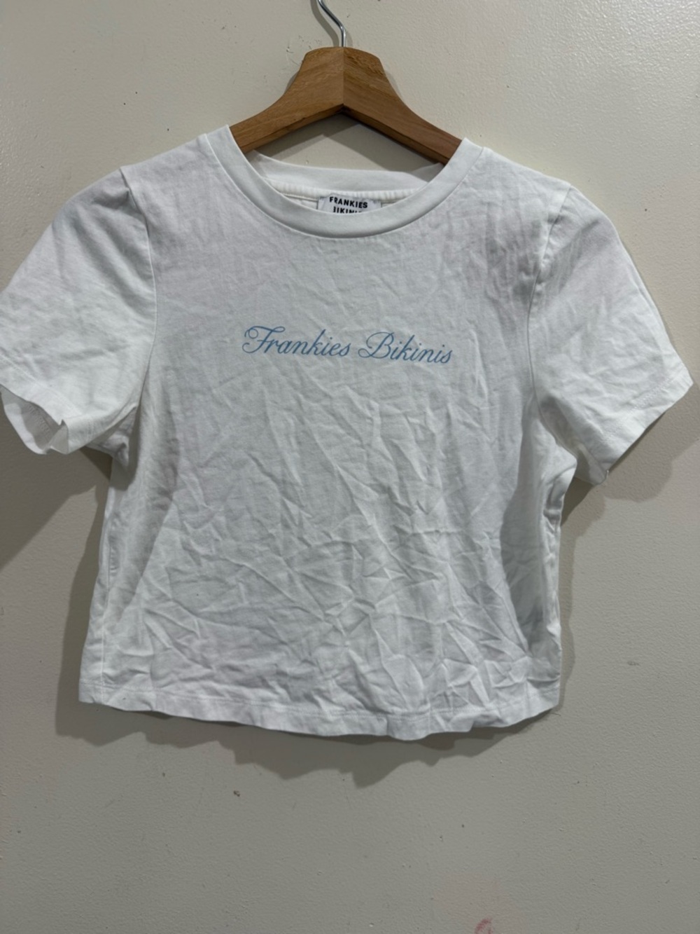 Frankie's Bikinis White Crop Tee with Light Blue Script